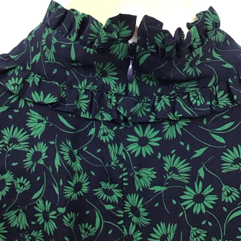 ザラ ZARA ワンピース ひざ丈スカート 2058 101 401 スタンドネック 襟フリル 長袖 L 花柄 黒 / ブラック / X 緑 / グリーン /  レディース USED 古着 中古 10131213