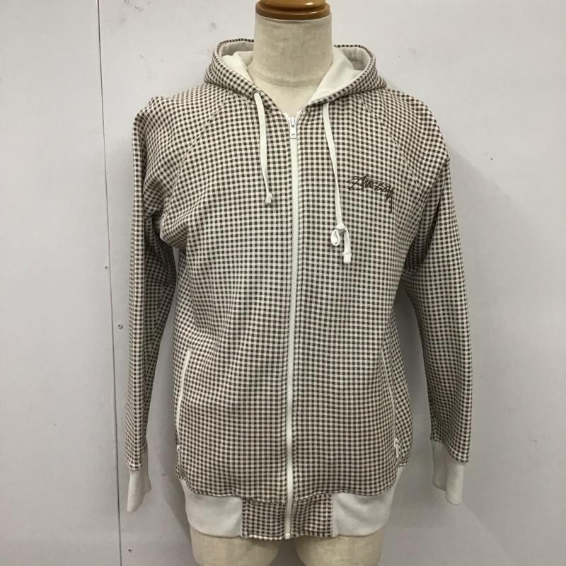 ステューシー STUSSY パーカー 長袖 ジップパーカー M チェック X ロゴ、文字 白 / ホワイト / X 茶 / ブラウン /  メンズ USED 古着 中古 10120536