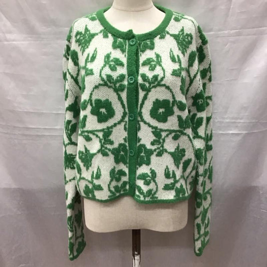 ザラ ZARA カーディガン 長袖 3859 005 069 クルーネック ジャガードニット XL 総柄 白 / ホワイト / X 緑 / グリーン /  レディース USED 古着 中古 10118402