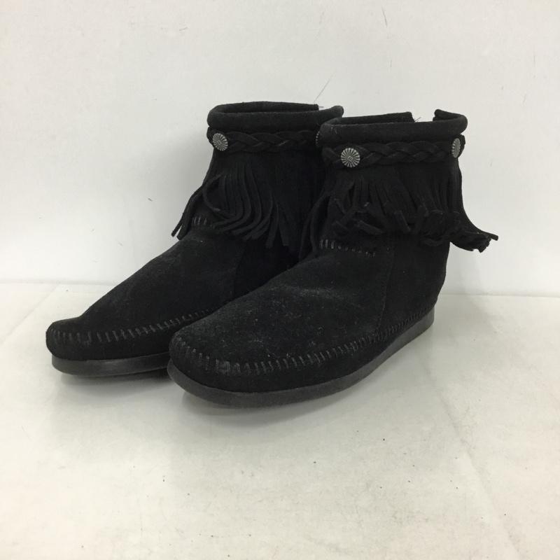 ミネトンカ Minnetonka ブーツ ショートブーツ Hi Top Back Zipper Boot 299 コンチョボタン フリンジ 8 FREE 無地 黒 / ブラック /  レディース USED 古着 中古 10144921