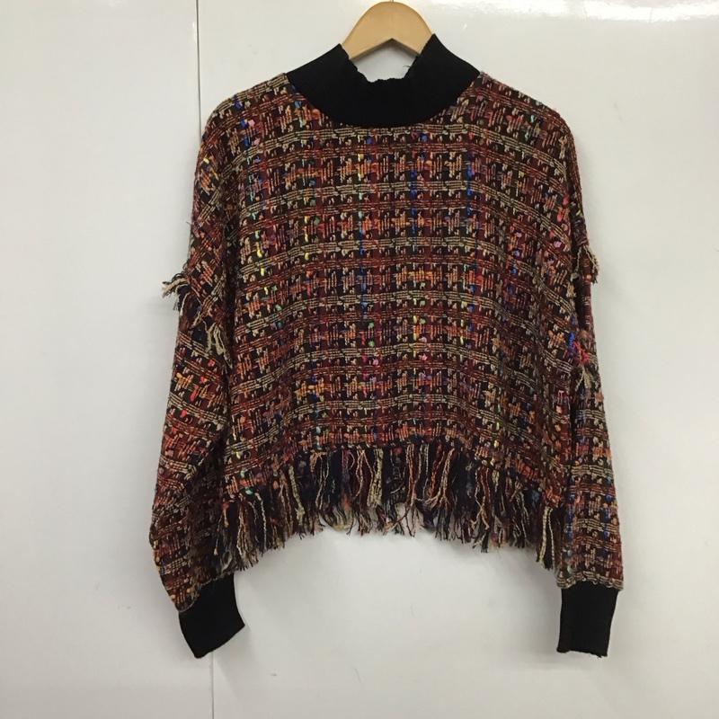 ザラ ZARA ニット、セーター 長袖 4886 264 330 フリンジ ツイード スタンドネック L チェック マルチカラー / マルチカラー /  レディース USED 古着 中古 10131313