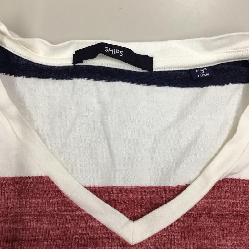 シップス SHIPS Tシャツ 半袖 112-11-5011 Vネック M ボーダー柄 白 / ホワイト / X 赤 / レッド / X 紺 / ネイビー /  メンズ USED 古着 中古 10117046