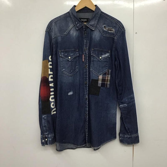 ディースクエアード2 DSQUARED2 シャツ、ブラウス 長袖 長袖シャツ デニムシャツ カラーシャツ ダメージ加工 X ロゴ、文字 インディゴ / インディゴ /  メンズ USED 古着 中古 10142095