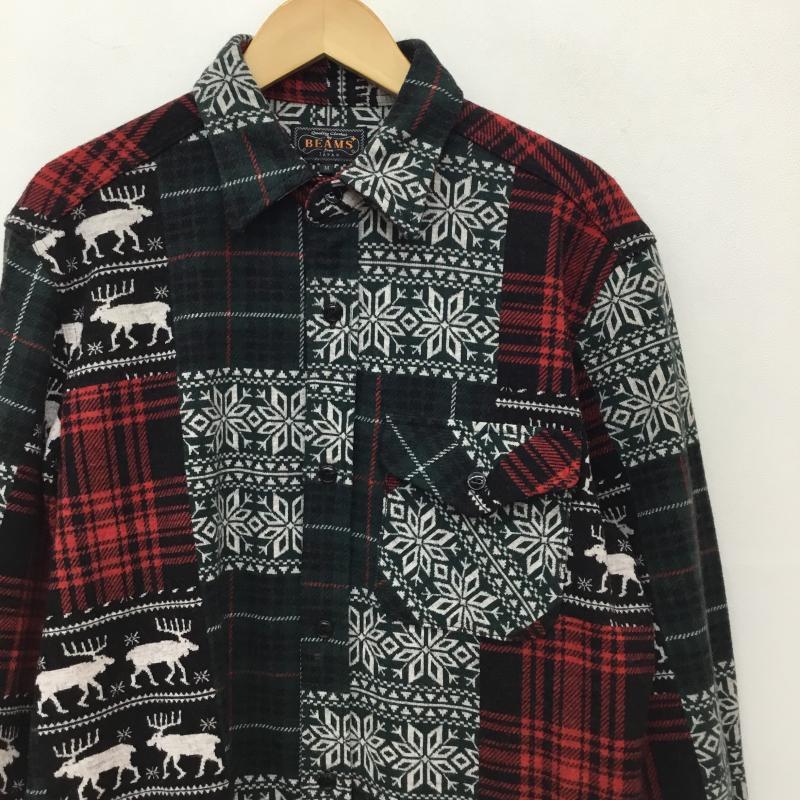 ビームス BEAMS シャツ、ブラウス 長袖 ジャガード パッチワーク ガイド シャツ M 総柄 黒 / ブラック / X 赤 / レッド / X 緑 / グリーン /  メンズ USED 古着 中古 10138384
