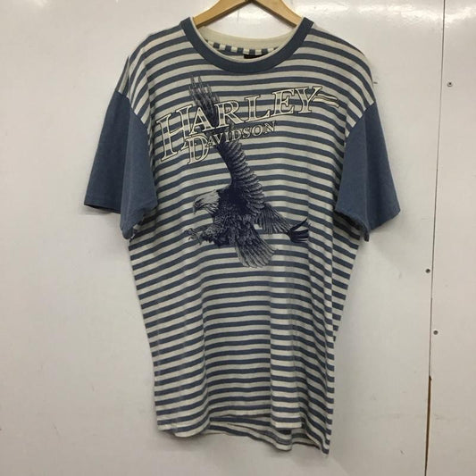 ハーレーダビッドソン Harley-Davidson Tシャツ 半袖 半袖カットソー プリントTシャツ クルーネックカットソー 古着 ボーダー柄 白 / ホワイト / X 水色 / ライトブルー /  メンズ USED 古着 中古 10138199