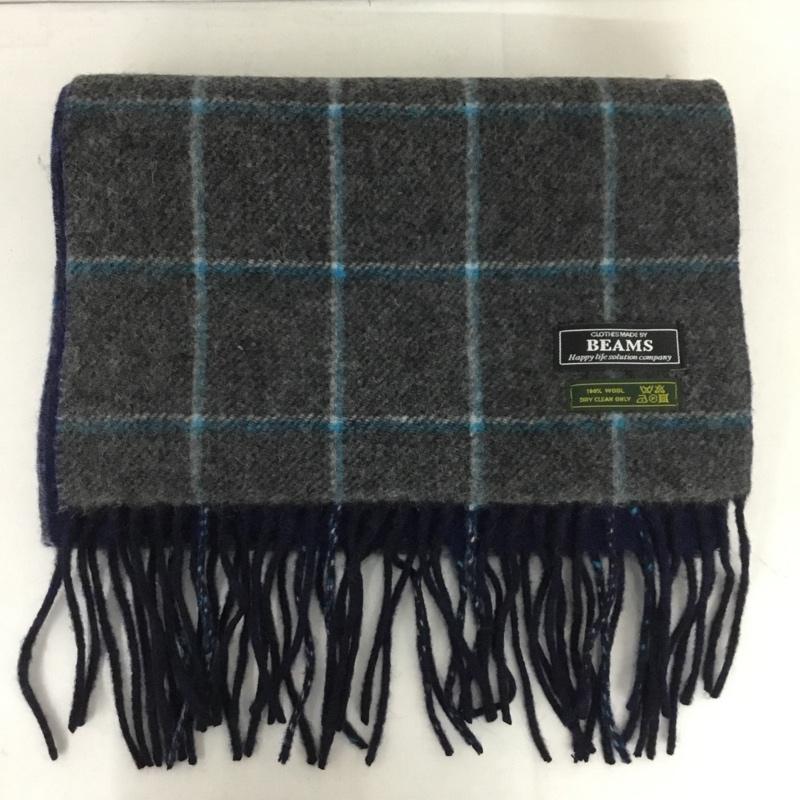 ビームス BEAMS マフラー マフラー ウール フリンジ チェック 灰 / グレー / X 青 / ブルー / X 紺 / ネイビー /  メンズ USED 古着 中古 10130582