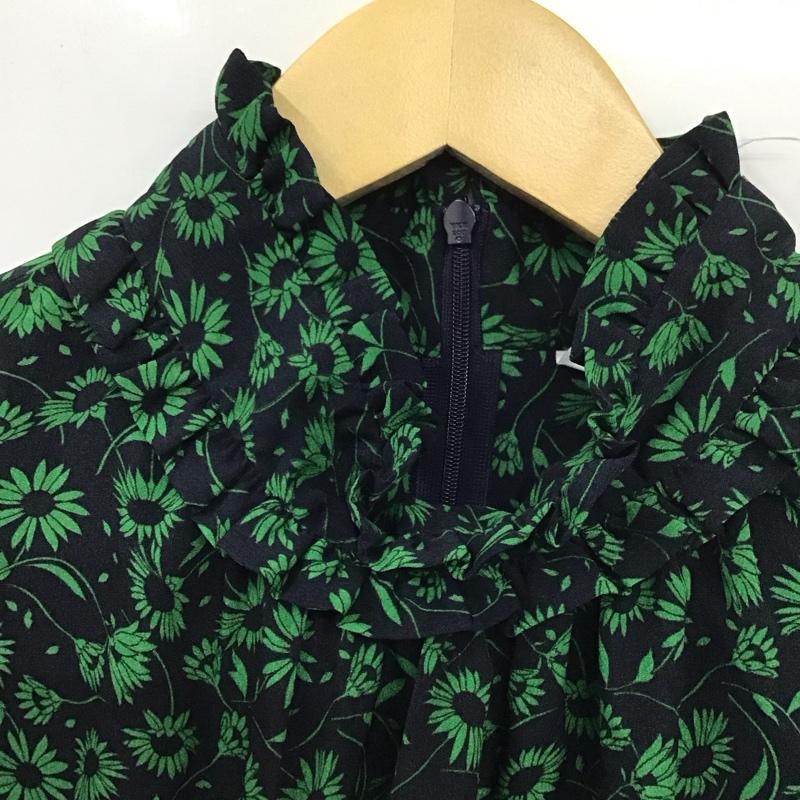ザラ ZARA ワンピース ひざ丈スカート 2058 101 401 スタンドネック 襟フリル 長袖 L 花柄 黒 / ブラック / X 緑 / グリーン /  レディース USED 古着 中古 10131213