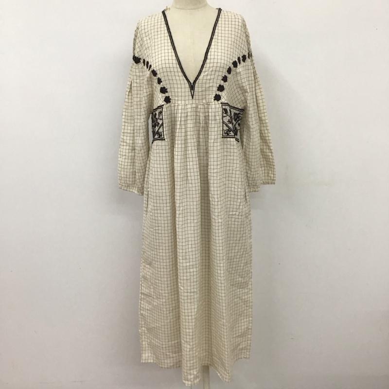 ザラ ZARA ワンピース ロングスカート 7521 304 712 Vネック 七分袖 チェック M 刺繍 アイボリー / アイボリー / X 黒 / ブラック /  レディース USED 古着 中古 10113076