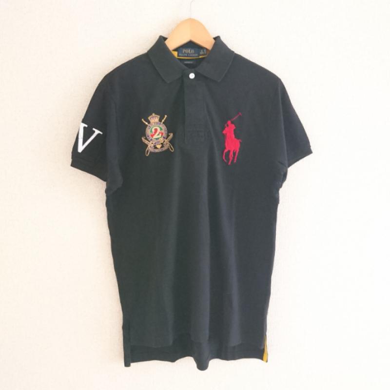 ポロラルフローレン POLO RALPH LAUREN ポロシャツ 半袖 M ロゴ、文字 X 無地 黒 / ブラック /  メンズ USED 古着 中古 10003428