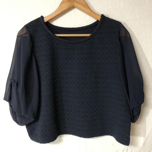 ヨーロ YOLO カットソー 七分袖 36 総柄 X 無地 紺 / ネイビー /  レディース USED 古着 中古 10012276
