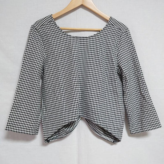 ザラベーシック ZARA BASIC カットソー 長袖 S 千鳥格子 白 / ホワイト / X 黒 / ブラック /  レディース USED 古着 中古 10014467