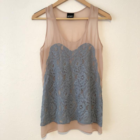 パオラフラーニ PAOLA FRANI カットソー 半袖 シフォン レース ノースリーブカットソー 38 無地 X 花柄 X  ベージュ / ベージュ / X 青 / ブルー /  レディース USED 古着 中古 10015369