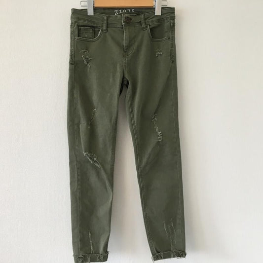 ザラベーシック ZARA BASIC パンツ ワークパンツ、ペインターパンツ 2 無地 X ダメージ加工 カーキ / カーキ /  レディース USED 古着 中古 10016324