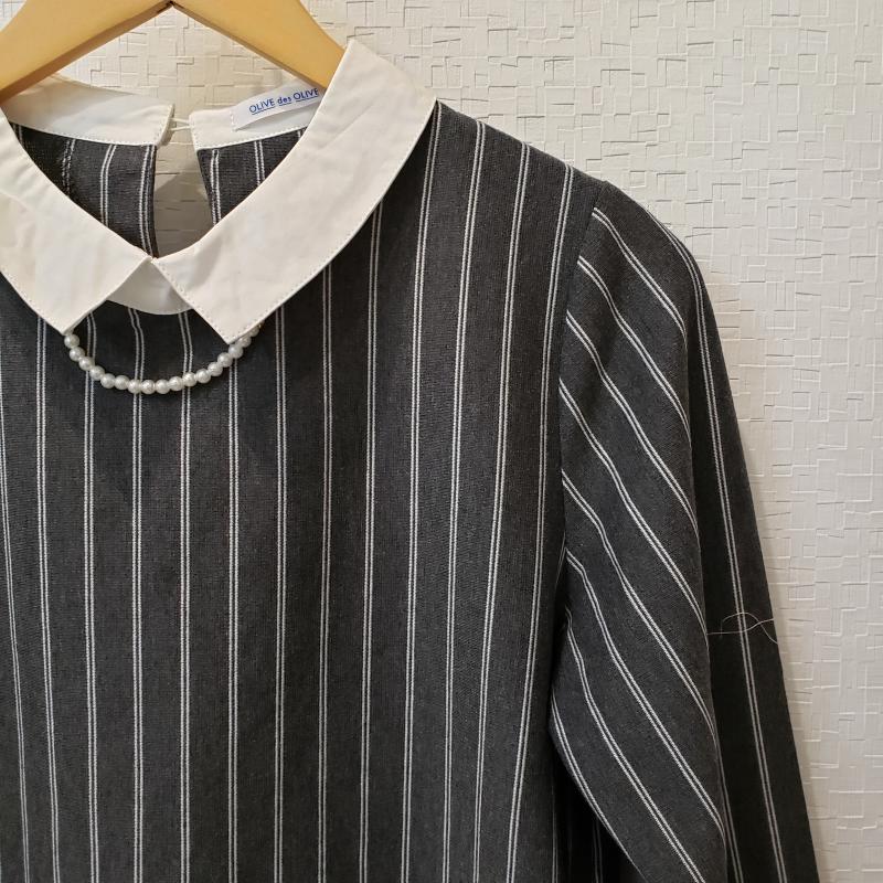 オリーブデオリーブ OLIVE des OLIVE ワンピース ひざ丈スカート M ストライプ 白 / ホワイト / X 灰 / グレー /  レディース USED 古着 中古 10033265