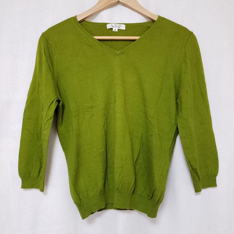 アーウ゛ェウ゛ェ a.v.v カットソー 七分袖 Vネック/薄地ニット 42 無地 緑 / グリーン /  レディース USED 古着 中古 10033817