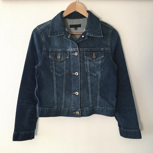 ユニクロ UNIQLO ジャケット、上着 ジャンパー、ブルゾン M 無地 X ダメージ加工 インディゴ / インディゴ /  レディース USED 古着 中古 10035272