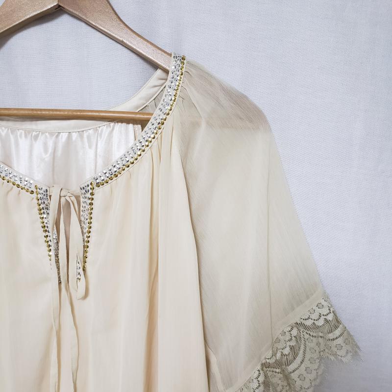 ミッシェル・クラン MICHEL KLEIN カットソー 半袖 袖レース/シフォン/袖透け素材 38 無地 X  X ワンポイント 銀 / シルバー / X 金 / ゴールド / X ベージュ / ベージュ /  レディース USED 古着 中古 10035599