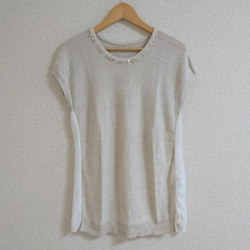 ペイトンプレイス PEYTONPLACE カットソー 半袖 素材切り替え　ニット　ビジュー M 無地 ベージュ / ベージュ / X オフホワイト / オフホワイト /  レディース USED 古着 中古 10036682