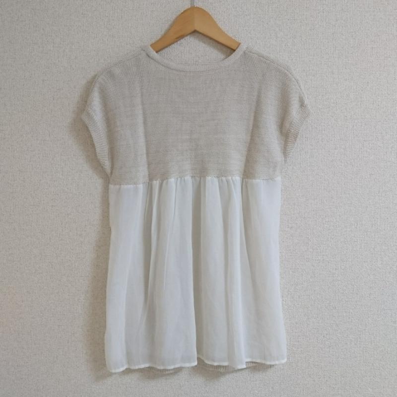 ペイトンプレイス PEYTONPLACE カットソー 半袖 素材切り替え　ニット　ビジュー M 無地 ベージュ / ベージュ / X オフホワイト / オフホワイト /  レディース USED 古着 中古 10036682