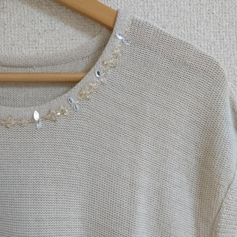 ペイトンプレイス PEYTONPLACE カットソー 半袖 素材切り替え　ニット　ビジュー M 無地 ベージュ / ベージュ / X オフホワイト / オフホワイト /  レディース USED 古着 中古 10036682