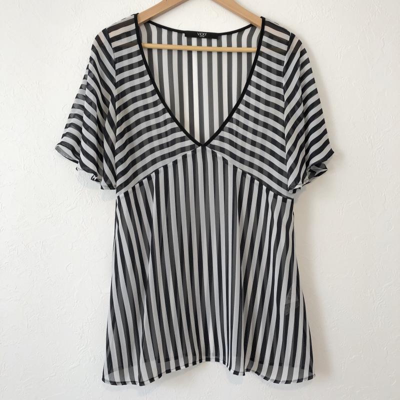 ビッキークチュール VICKYCOUTURE カットソー 半袖 シフォン　Vネック　フレアスリーブ 2 ストライプ 白 / ホワイト / X 黒 / ブラック /  レディース USED 古着 中古 10036850