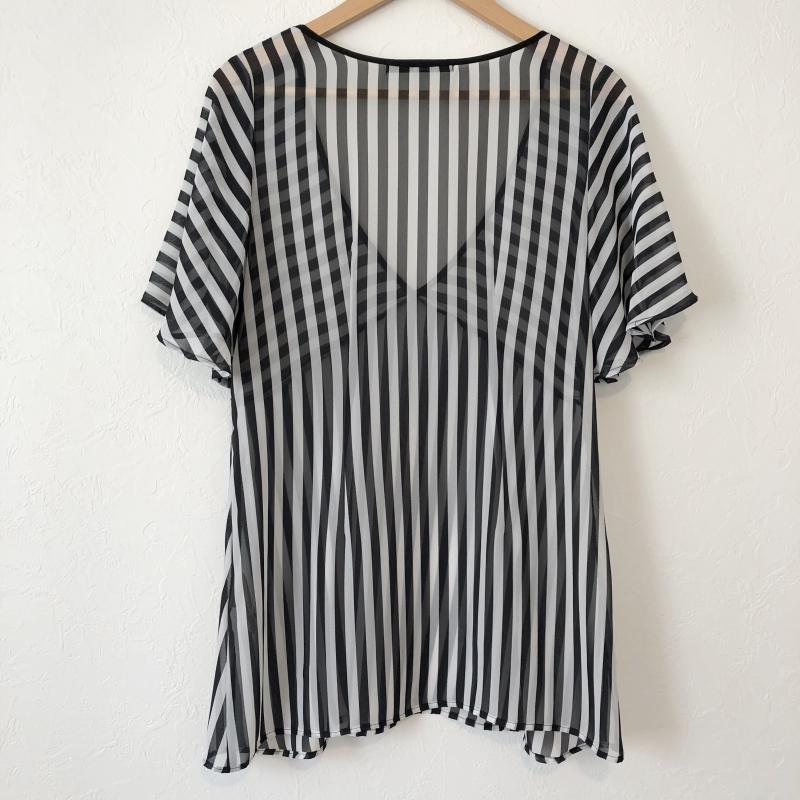 ビッキークチュール VICKYCOUTURE カットソー 半袖 シフォン　Vネック　フレアスリーブ 2 ストライプ 白 / ホワイト / X 黒 / ブラック /  レディース USED 古着 中古 10036850