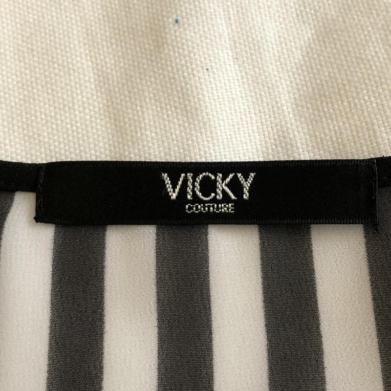 ビッキークチュール VICKYCOUTURE カットソー 半袖 シフォン　Vネック　フレアスリーブ 2 ストライプ 白 / ホワイト / X 黒 / ブラック /  レディース USED 古着 中古 10036850