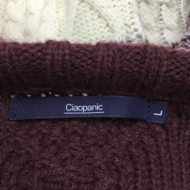 チャオパニック CIAOPANIC ニット、セーター 長袖 56631-322-21 クルーネック ケーブル編み L ボーダー柄 えんじ / ワインレッド / X 白 / ホワイト /  メンズ USED 古着 中古 10062557