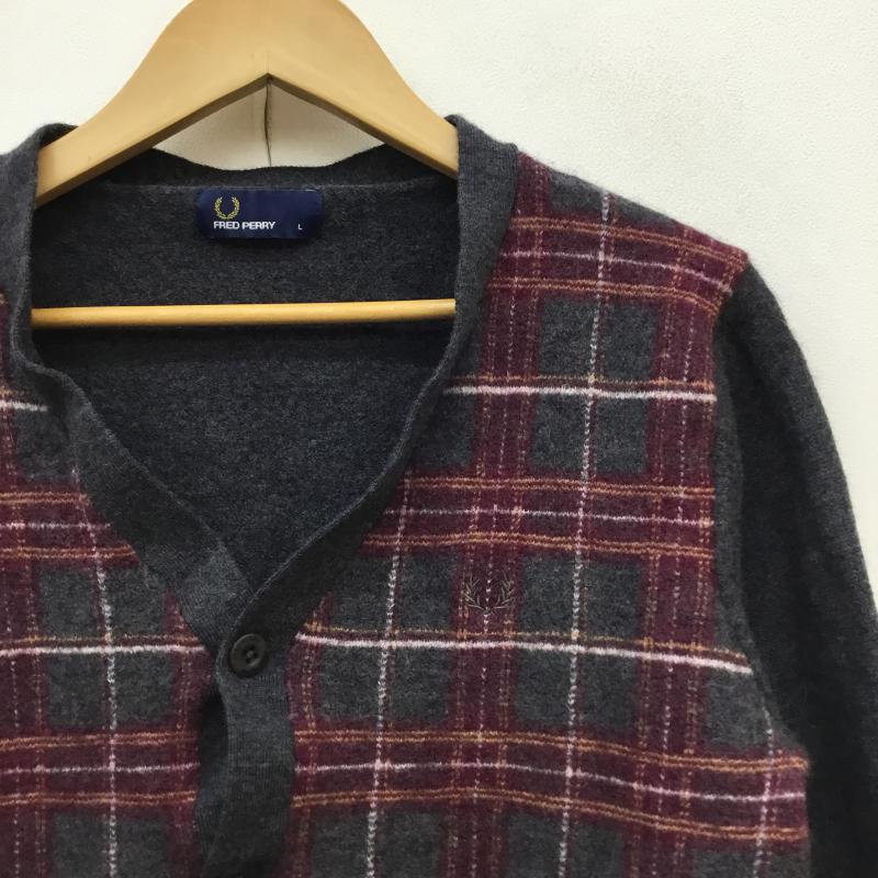 フレッドペリー FRED PERRY カーディガン 長袖 L チェック 灰 / グレー / X えんじ / ワインレッド /  メンズ USED 古着 中古 10063704