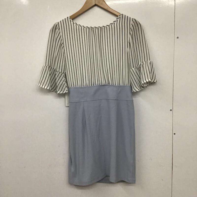 セシルマクビー CECIL McBEE ワンピース ひざ丈スカート 231-30-11085-01-53 ウエスト切替 M ストライプ 白 / ホワイト / X 黒 / ブラック / X 水色 / ライトブルー /  レディース USED 古着 中古 10072541