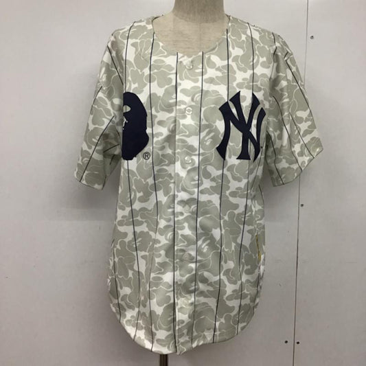 アベイシングエイプ A BATHING APE シャツ、ブラウス 半袖 CTH FALL 2019 Mitchell & Ness ベースボールシャツ NY ヤンキース XL 総柄 白 / ホワイト / X 灰 / グレー / X 紺 / ネイビー /  メンズ USED 古着 中古 10073469