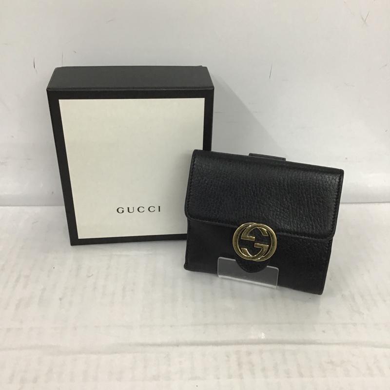 グッチ GUCCI 財布 二つ折り インターロック GG 無地 黒 / ブラック / X 金 / ゴールド /  レディース USED 古着 中古 10074660