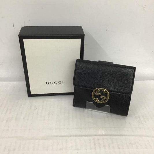 グッチ GUCCI 財布 二つ折り インターロック GG 無地 黒 / ブラック / X 金 / ゴールド /  レディース USED 古着 中古 10074660