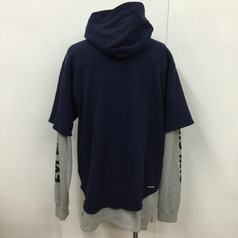 ユニフォームエクスペリメント uniform experiment パーカー 長袖 2IN1 LAYERED PARKA UE-180060 2 ロゴ、文字 灰 / グレー / X 紺 / ネイビー /  メンズ USED 古着 中古 10083373