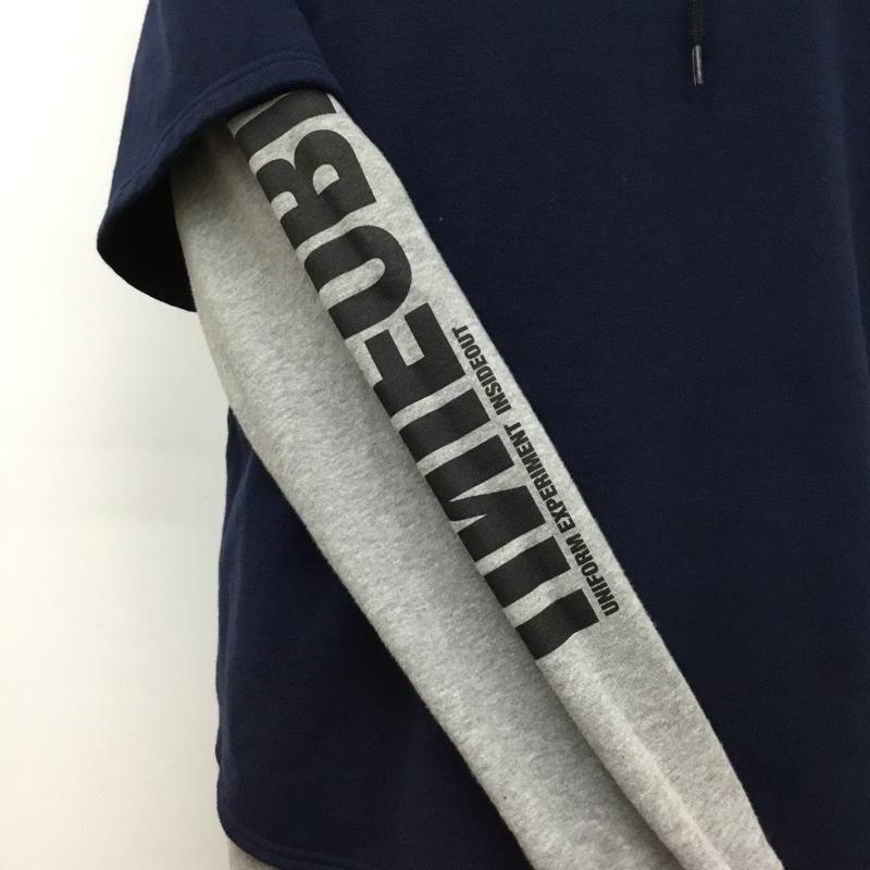 ユニフォームエクスペリメント uniform experiment パーカー 長袖 2IN1 LAYERED PARKA UE-180060 2 ロゴ、文字 灰 / グレー / X 紺 / ネイビー /  メンズ USED 古着 中古 10083373