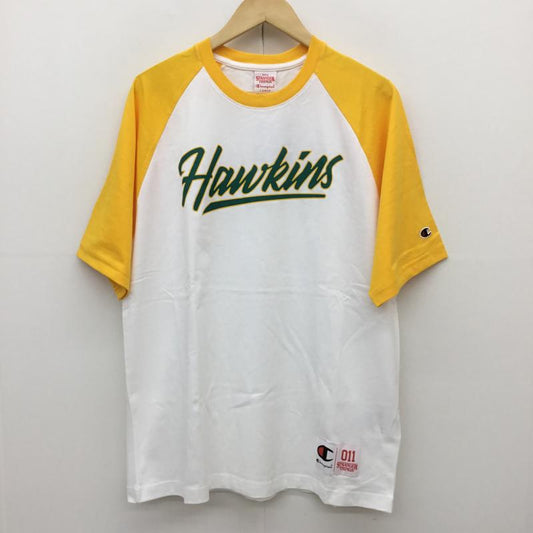 チャンピオン Champion Tシャツ 半袖 Stranger Things ストレンジャーシングス タグ付 L ロゴ、文字 白 / ホワイト / X 黄 / イエロー /  メンズ USED 古着 中古 10091725