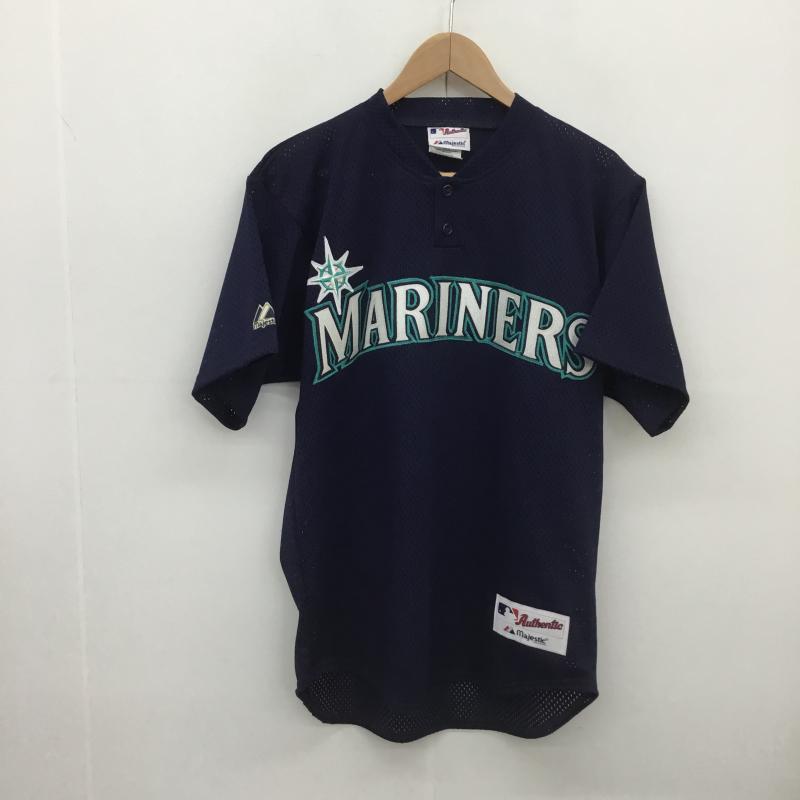 マジェスティック MAJESTIC カットソー 半袖 00s イチロー Seattle Mariners メッシュ ヘンリー シアトルマリナーズ M 総柄 X ロゴ、文字 紺 / ネイビー /  メンズ USED 古着 中古 10091810