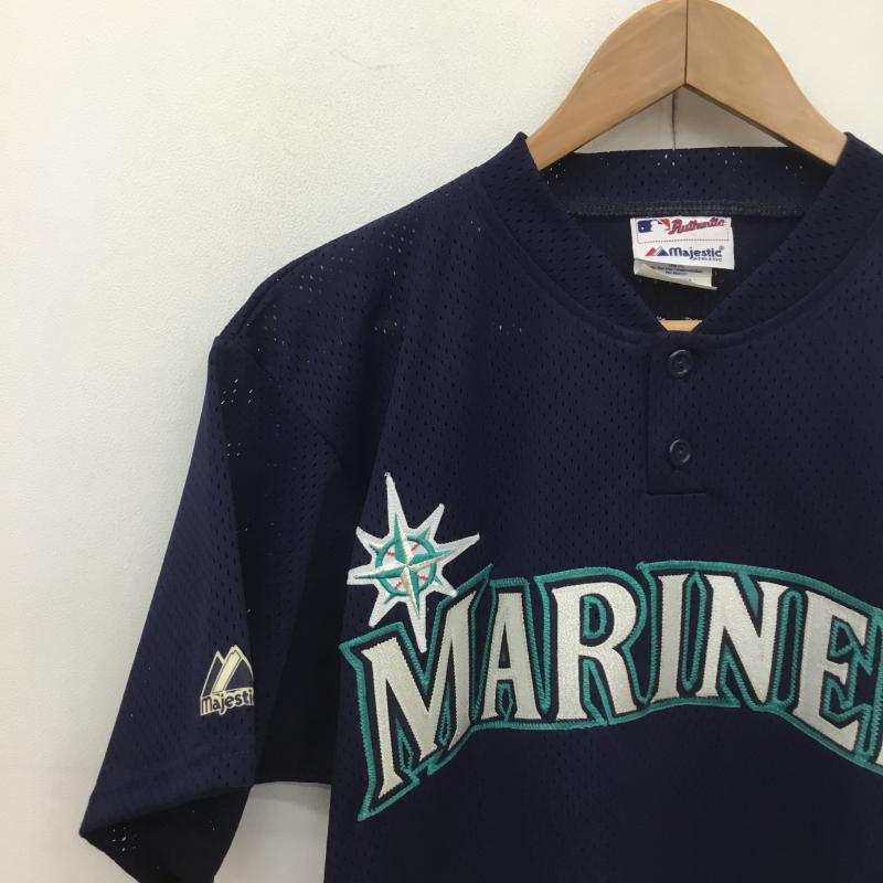 マジェスティック MAJESTIC カットソー 半袖 00s イチロー Seattle Mariners メッシュ ヘンリー シアトルマリナーズ M 総柄 X ロゴ、文字 紺 / ネイビー /  メンズ USED 古着 中古 10091810