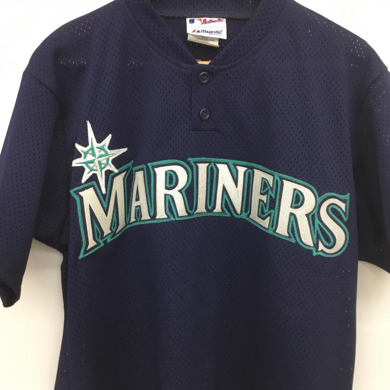 マジェスティック MAJESTIC カットソー 半袖 00s イチロー Seattle Mariners メッシュ ヘンリー シアトルマリナーズ M 総柄 X ロゴ、文字 紺 / ネイビー /  メンズ USED 古着 中古 10091810