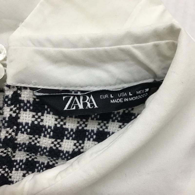 ザラ ZARA カットソー 半袖 2478 262 250 丸襟 パフスリーブ ドッキング L チェック 白 / ホワイト / X 黒 / ブラック /  レディース USED 古着 中古 10095949