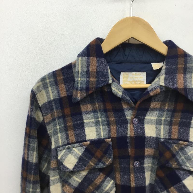 シアーズ SEARS シャツ、ブラウス 長袖 70s KINGS ROAD 開襟 オープンカラー ウール M チェック 茶 / ブラウン / X 白 / ホワイト / X 紺 / ネイビー /  メンズ USED 古着 中古 10096070