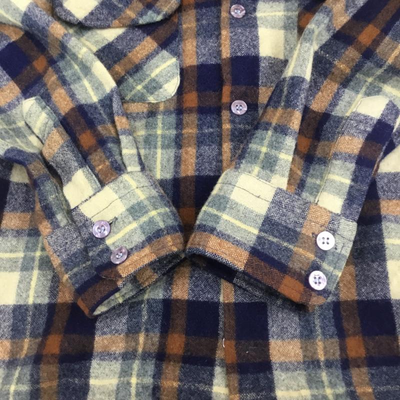 シアーズ SEARS シャツ、ブラウス 長袖 70s KINGS ROAD 開襟 オープンカラー ウール M チェック 茶 / ブラウン / X 白 / ホワイト / X 紺 / ネイビー /  メンズ USED 古着 中古 10096070