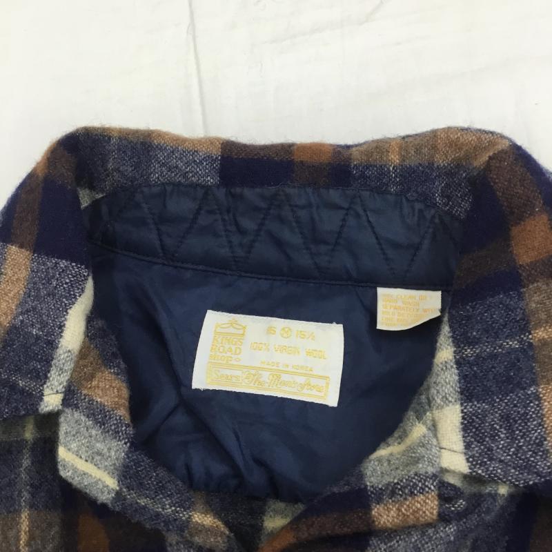 シアーズ SEARS シャツ、ブラウス 長袖 70s KINGS ROAD 開襟 オープンカラー ウール M チェック 茶 / ブラウン / X 白 / ホワイト / X 紺 / ネイビー /  メンズ USED 古着 中古 10096070