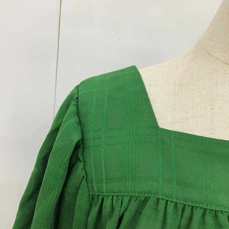 ローリーズファーム LOWRYS FARM カットソー 七分袖 LF622081TS シャーリングバルーンブラウス スクエアネック FREE チェック 緑 / グリーン /  レディース USED 古着 中古 10096391