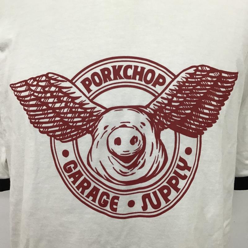 ポークチョップガレージサプライ PORKCHOP GARAGE SUPPLY Tシャツ 半袖 リンガーTシャツ バックプリント 豚 L ロゴ、文字 白 / ホワイト / X 黒 / ブラック /  メンズ USED 古着 中古 10097093