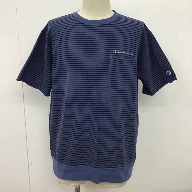 チャンピオン Champion Tシャツ 半袖 C3-P011 クルーネック ロゴ L ボーダー柄 紺 / ネイビー / X 黒 / ブラック /  メンズ USED 古着 中古 10097619