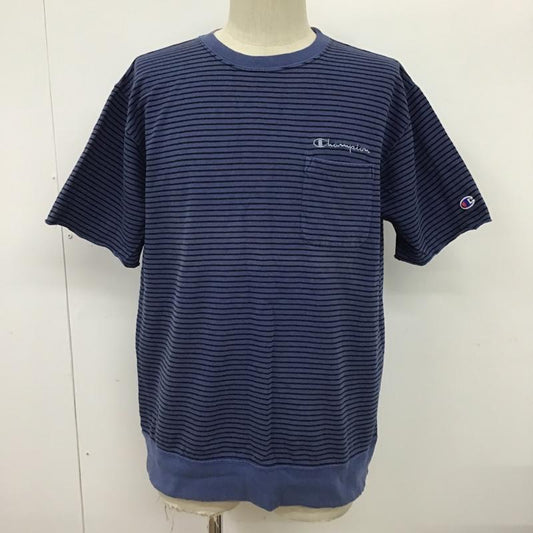 チャンピオン Champion Tシャツ 半袖 C3-P011 クルーネック ロゴ L ボーダー柄 紺 / ネイビー / X 黒 / ブラック /  メンズ USED 古着 中古 10097619