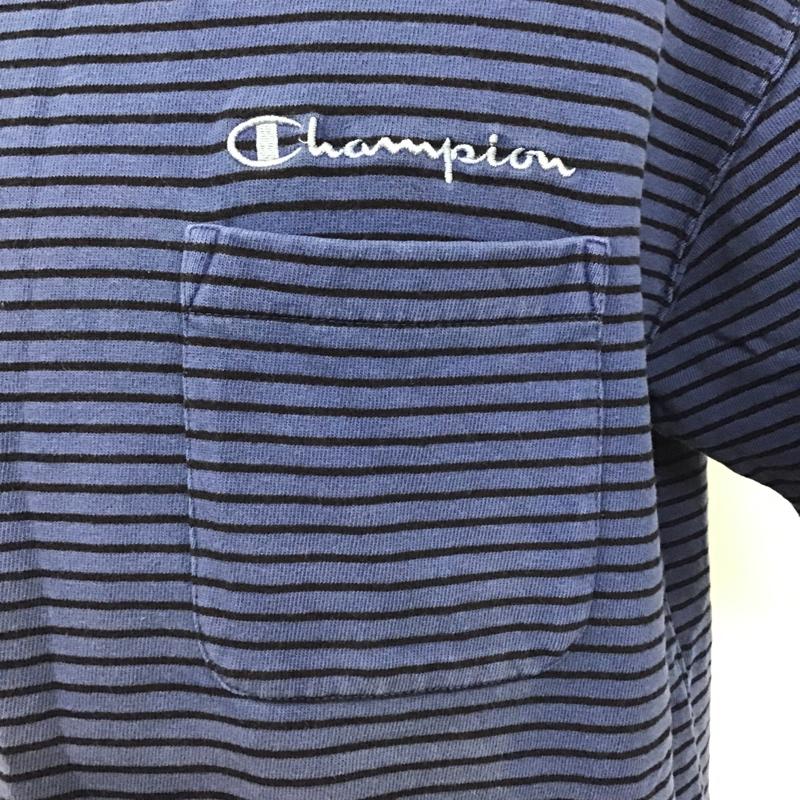 チャンピオン Champion Tシャツ 半袖 C3-P011 クルーネック ロゴ L ボーダー柄 紺 / ネイビー / X 黒 / ブラック /  メンズ USED 古着 中古 10097619
