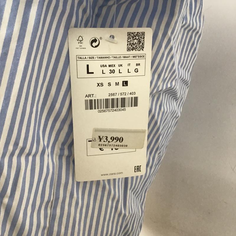 ザラベーシック ZARA BASIC カットソー 半袖 2567 572 403 オフショルダー タグ付き L ストライプ 白 / ホワイト / X 水色 / ライトブルー /  レディース USED 古着 中古 10098759