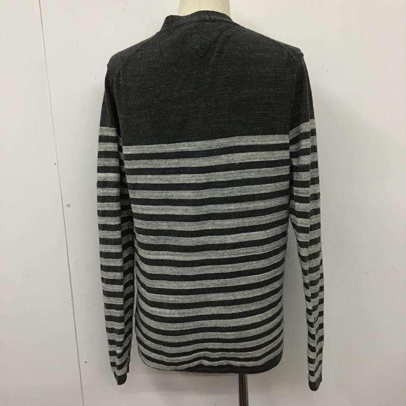 トミーヒルフィガー TOMMY HILFIGER カーディガン 長袖 Vネック ボーダー S ワンポイント 灰 / グレー / X ダークグレー / ダークグレー /  メンズ USED 古着 中古 10103636